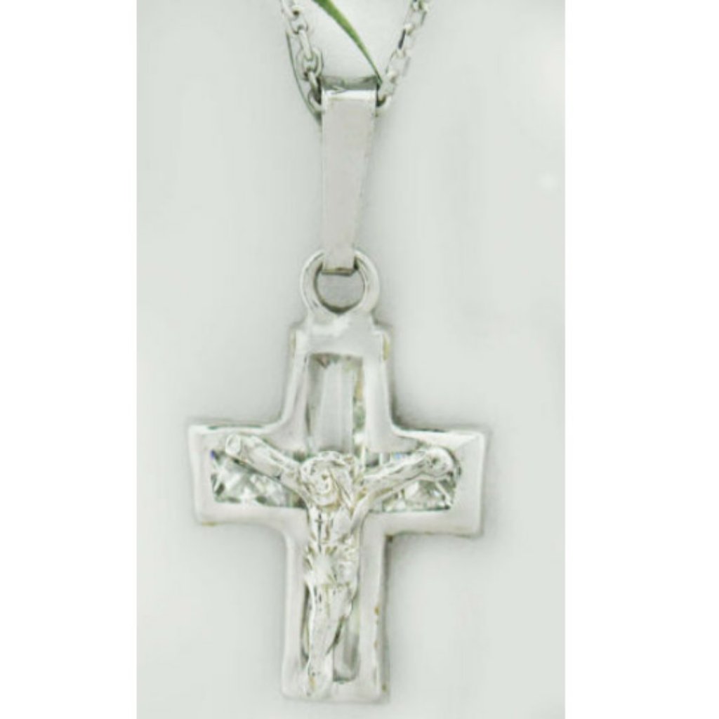 White Sapphires Cross Pendant Necklace 10k White Gold